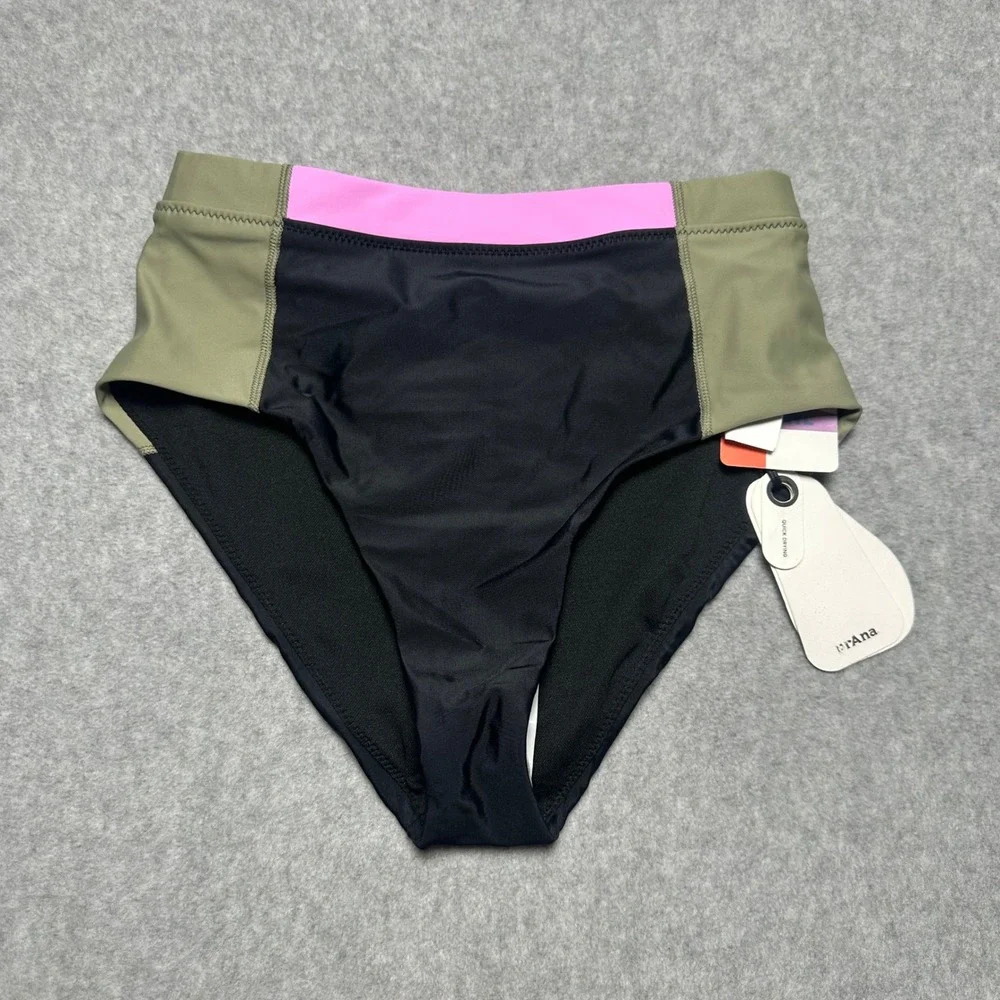 Prana Baja Bound Bikini Swim Bottoms Black Color Block High Waist Womens XS